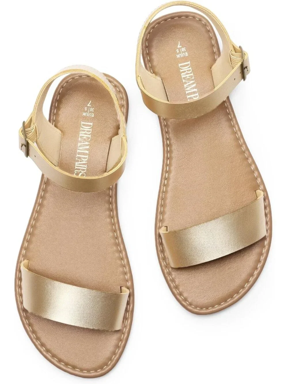 Women's Gold Flat Sandals Open Toe Ankle Strap Faux Leather Non Slip Shoes